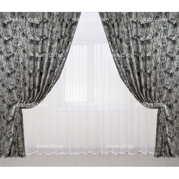 Шторы Жаккардовые с Растительным рисунком (502) JR04ZC чёрно-серого цвета в Украине